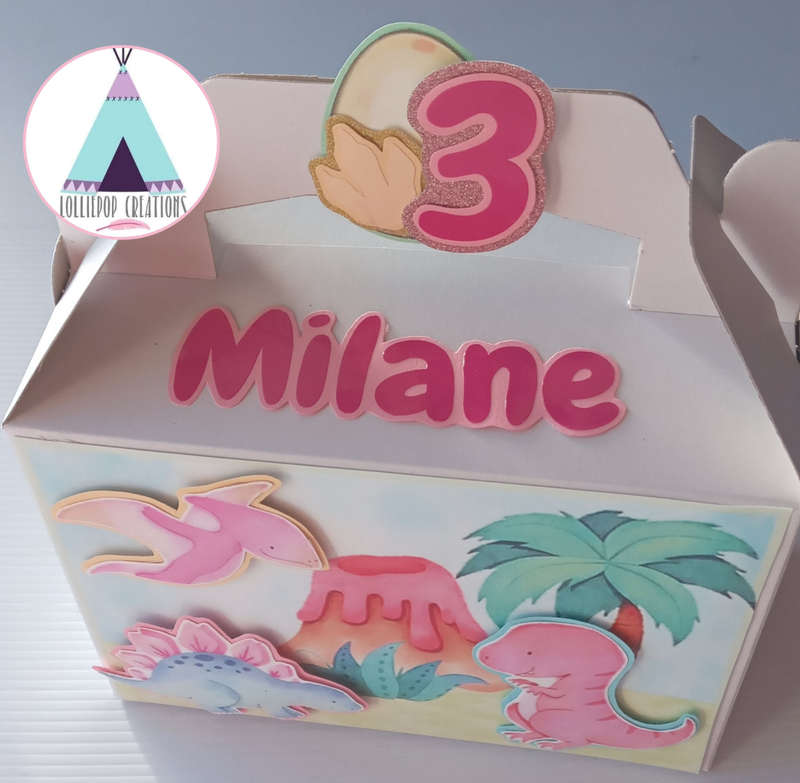 Dinosaur Girl Party Boxes Personalised (10 Boxes) PLUS 10 FREE Cupcake Toppers