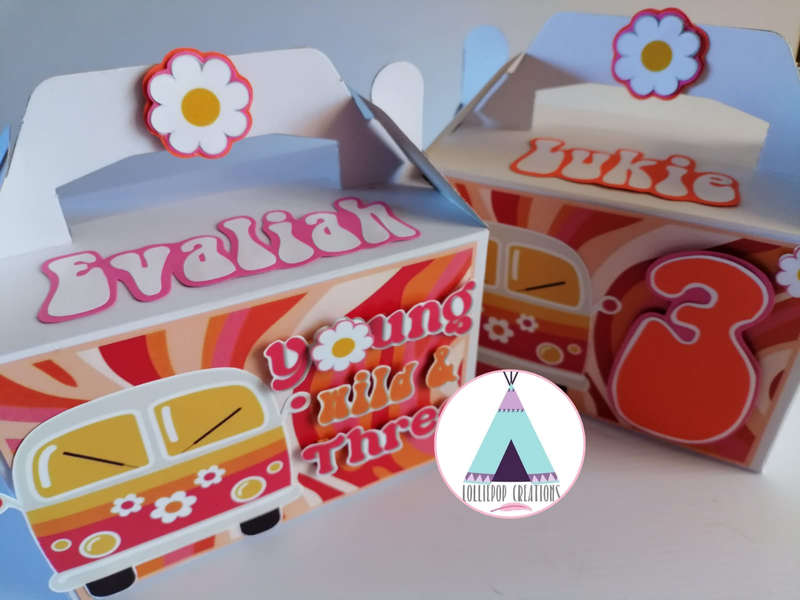 GROOVY PARTY BOXES, THEMED AND PERSONALISED (10 Boxes) PLUS 10 FREE CUPCAKE TOPPERS
