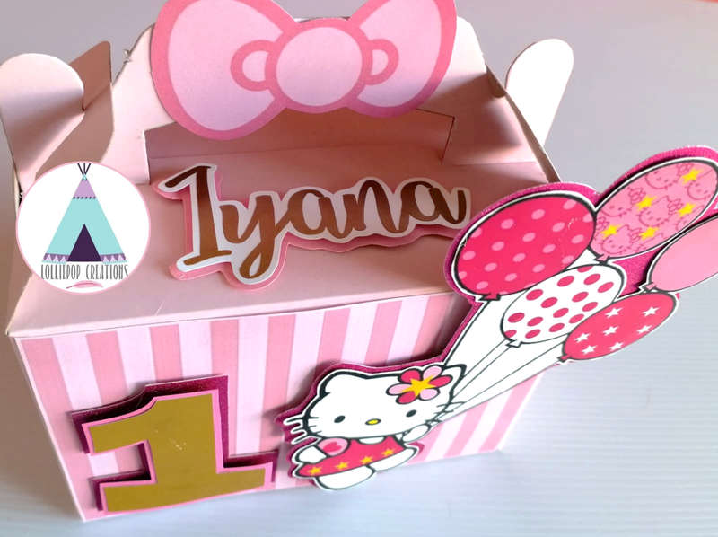 HELLO KITTY PERSONALISED PARTY BOXES (10 Boxes) PLUS 10 FREE CUPCAKE TOPPERS
