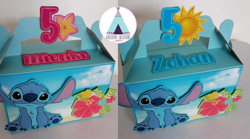 LILO AND STITCH PARTY BOXES THEMED AND PERSONALISED  (10 Boxes) PLUS 10 FREE CUPCAKE TOPPERS
