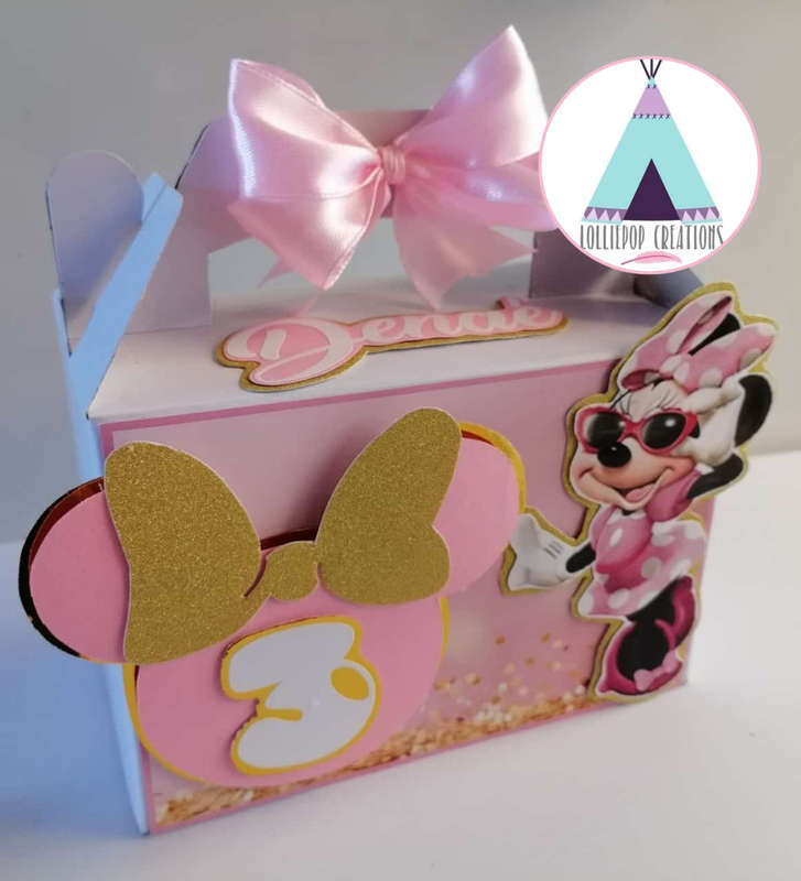 Minnie Mouse Personalised Party Favor Boxes (10 Boxes) PLUS 10 FREE CUPCAKE TOPPERS