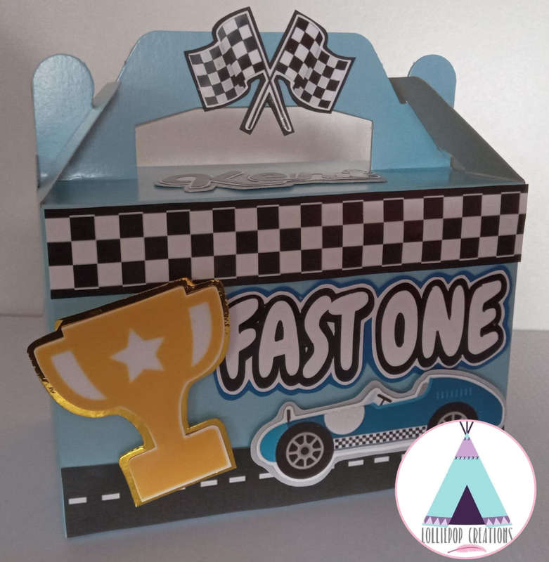 Fast One / Racing Themed and Personalised Party Boxes (10 Boxes) PLUS 10 FREE Cupcake Toppers