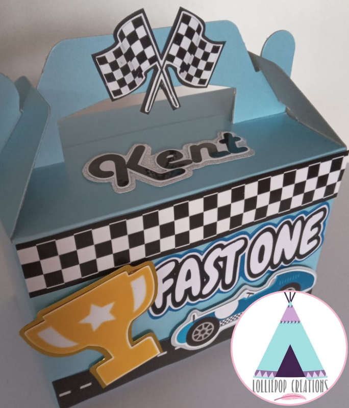 Fast One / Racing Themed and Personalised Party Boxes (10 Boxes) PLUS 10 FREE Cupcake Toppers