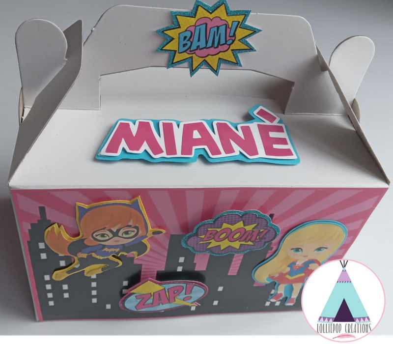 Superhero Girl Themed and Personalised Party Boxes (10 Boxes) PLUS 10 FREE Cupcake Toppers