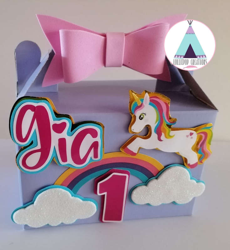 UNICORN PARTY BOXES THEMED AND PERSONALISED (10 Boxes) PLUS 10 FREE Cupcake Toppers