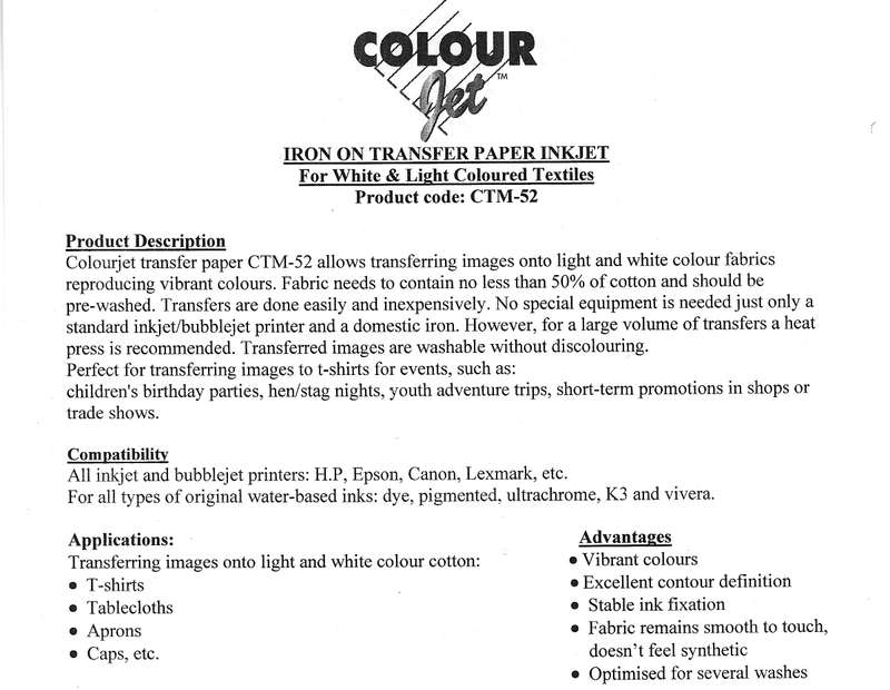 IRON ON TRANSFER PAPER INKJET FOR WHITE & LIGHT COLOURED TEXTILES