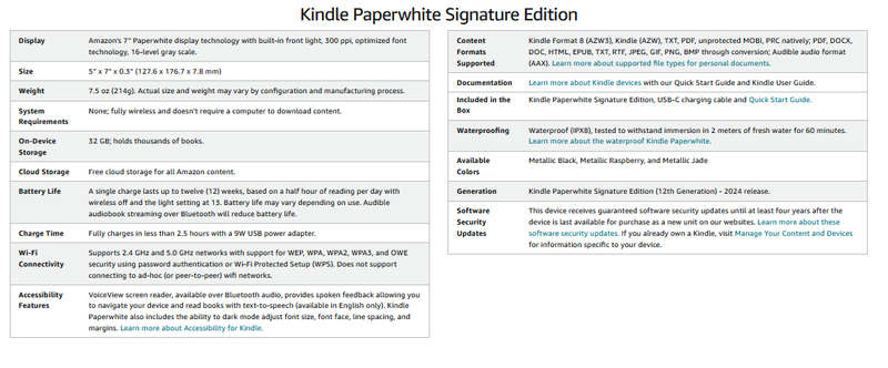 2024 Amazon Kindle Paperwhite 7" Gen 12 (No Ads / Without S/O)