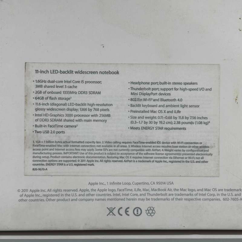 Apple Macbook Air (11-inch, Mid 2011) Core i5 2GB Onboard RAM 64GB Flash Storage A1370