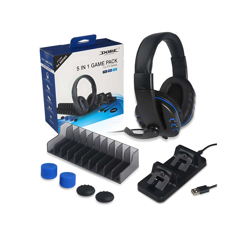 Dobe 5 IN 1 Game Pack Headphones, Charging Dock, Game Stand, Silicon Caps For P-4 Series