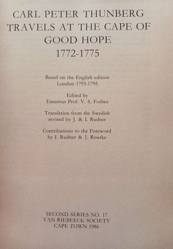 Carl Peter Thunberg Travels at the Cape of Good Hope 1772-1775