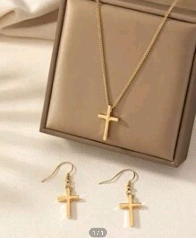 gold cross necklace and earrings set