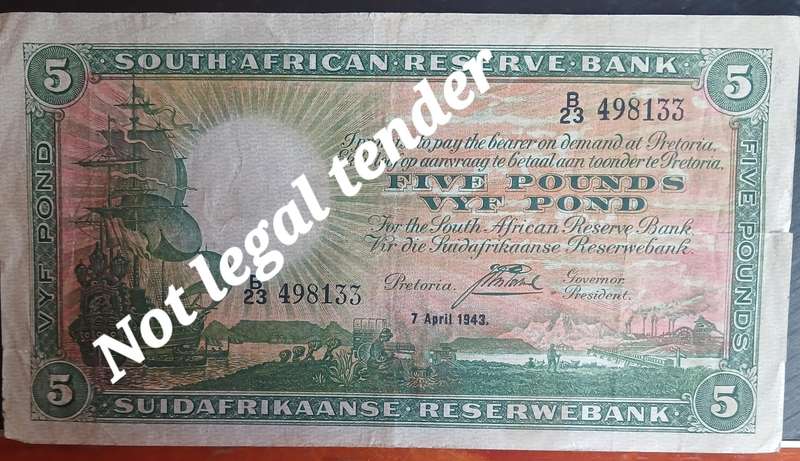 SOUTH AFRICAN 5 POUND B/23 498133 J POSTMUS