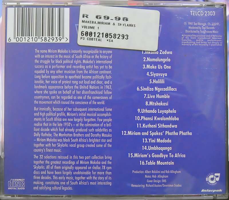 MIRIAM MAKEBA & the Skylarks vol 1 CD