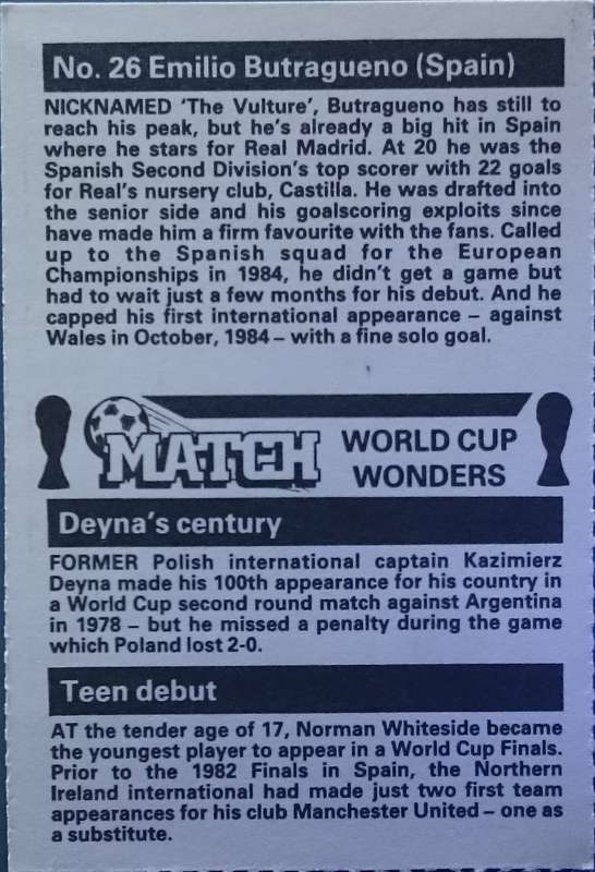 No. 26 Emilio Butragueno (Spain) Match World Cup Wonders Trading Card