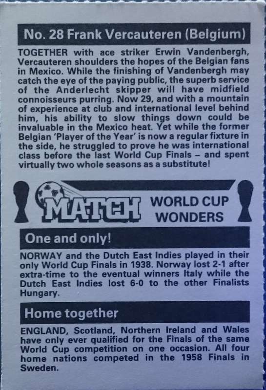 No. 28 Frank Vercauteren (Belgium) Match World Cup Wonders Trading Card