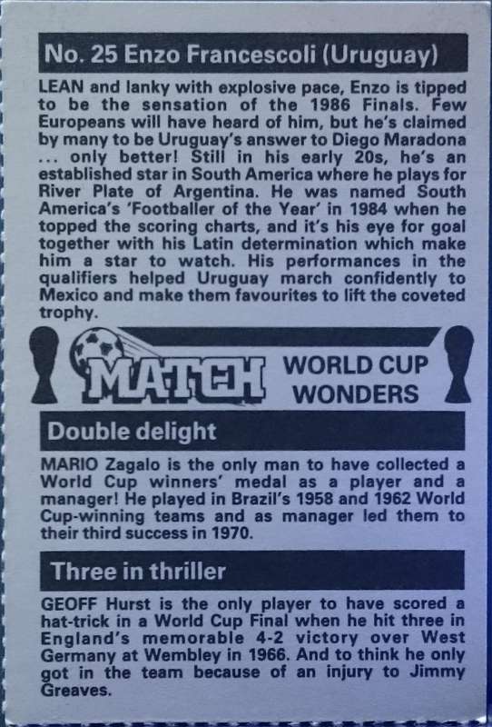 No. 25 Enzo Francescoli (Uruguay) Match World Cup Wonders Trading Card