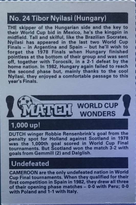 No. 24 Tibor Nyilasi Match World Cup Wonders Trading Card