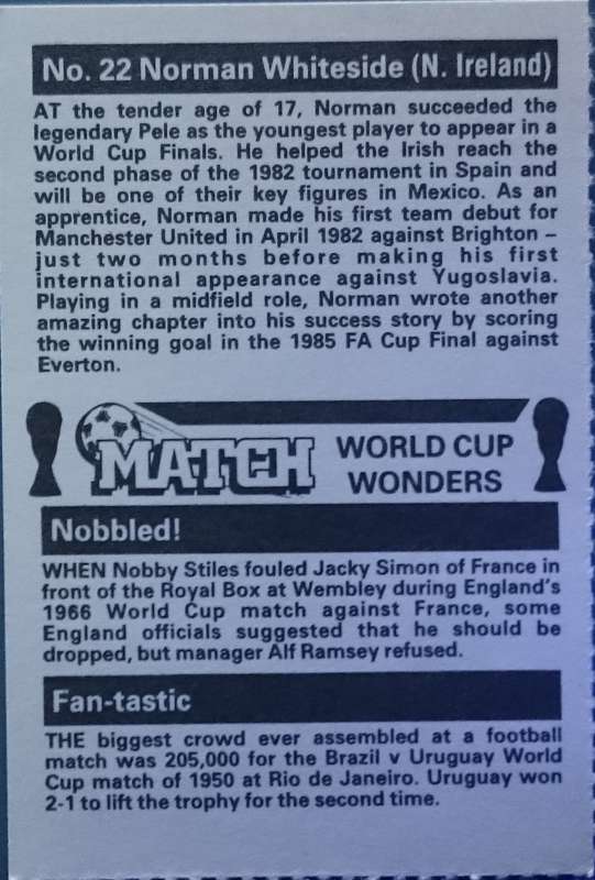 No. 22 Norman Whiteside (Northern Ireland) Match World Cup Wonders Trading Card