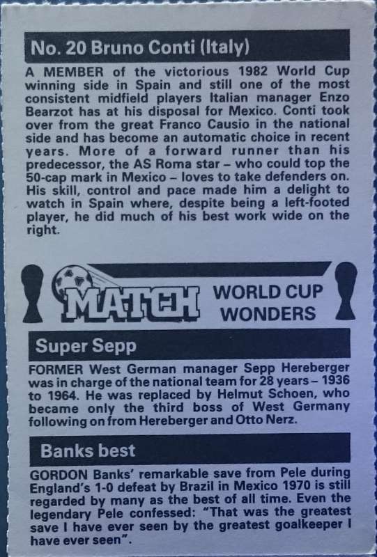 No. 20 Bruno Conti (Italy) Match World Cup Wonders Trading Card