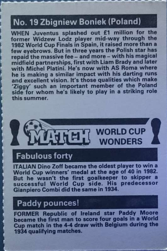 No. 19 Zbigniew Boniek (Poland) Match World Cup Wonders Trading Card