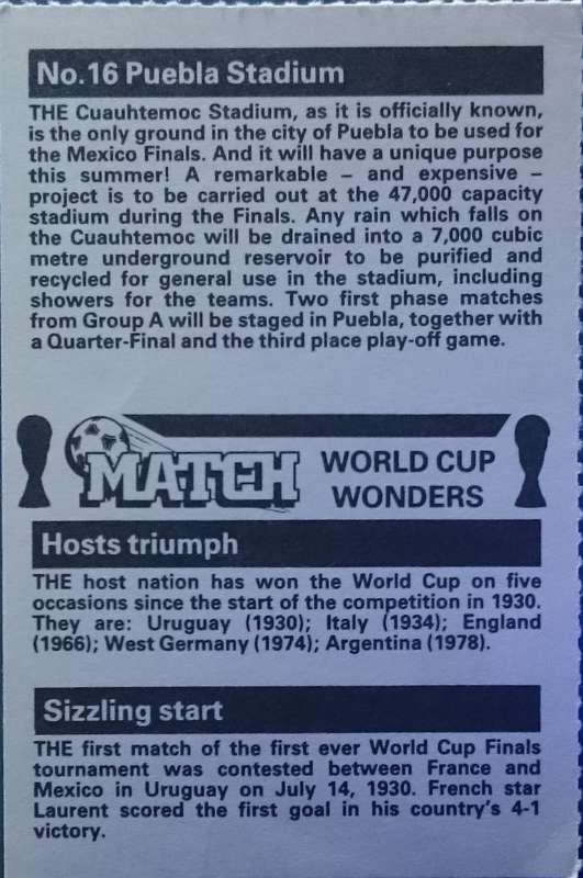 No. 16 Puebla Stadium (Mexico) Match World Cup Wonders Trading Card