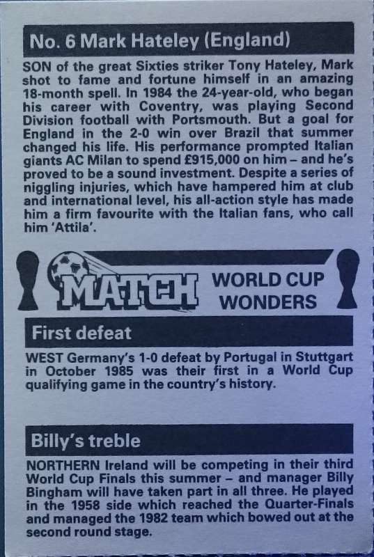 No. 6 Mark Hateley (England) Match World Cup Wonders Trading Card