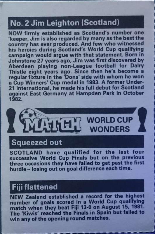 No. 2 Jim Leighton (Scotland) Match World Cup Wonders Trading Card