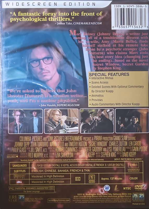 SECRET WINDOW Johnny Depp DVD