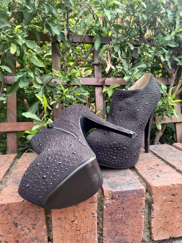 Black Sequin Stud Platform Ankle Boots