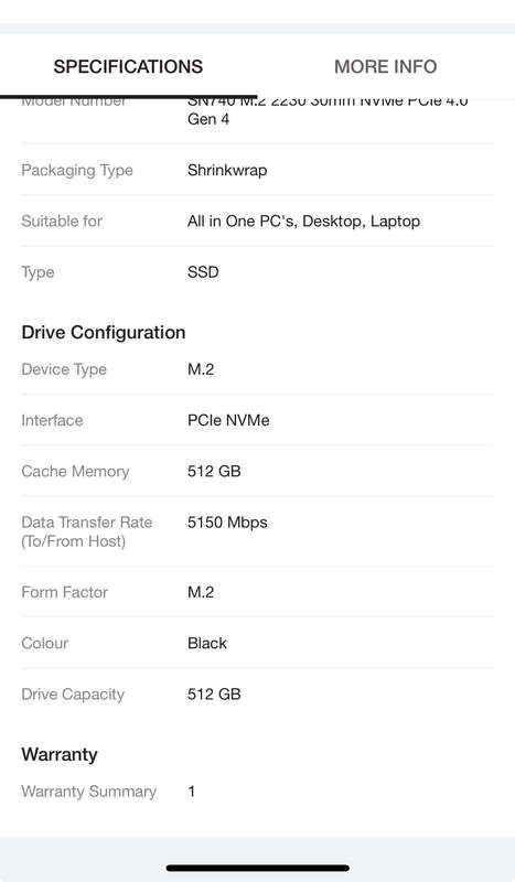 Western Digital 512 GB SSD (SN740 M.2 2230 30mm NVMe PCIe 4.0 Gen 4)