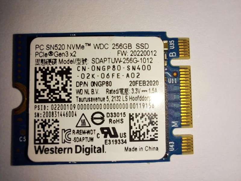 256GB Western Digital SSD M2 30mm