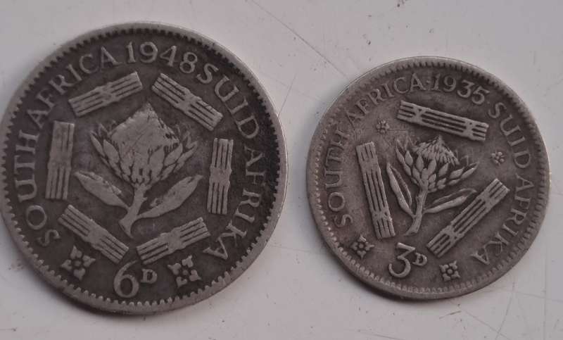 2 x Silver Coins. 3 D and 6 D South africa