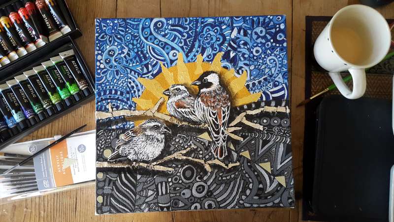 `3 SPARROWS ON A BRANCH` ONE-OF-A-KIND Original Acrylic Painting by Cherie Roe Dirksen #art