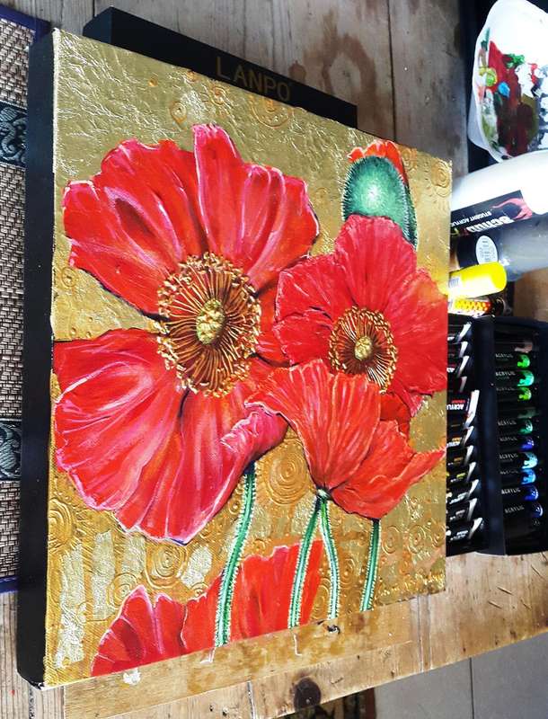 Red Poppies on Gold Original Painting by SA Artist Cherie Roe Dirksen