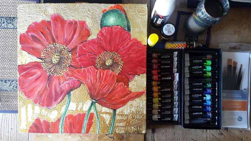 Red Poppies on Gold Original Painting by SA Artist Cherie Roe Dirksen