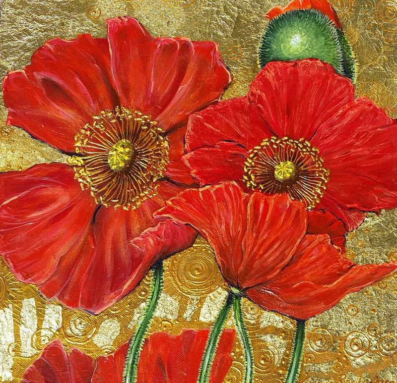 Red Poppies on Gold Original Painting by SA Artist Cherie Roe Dirksen
