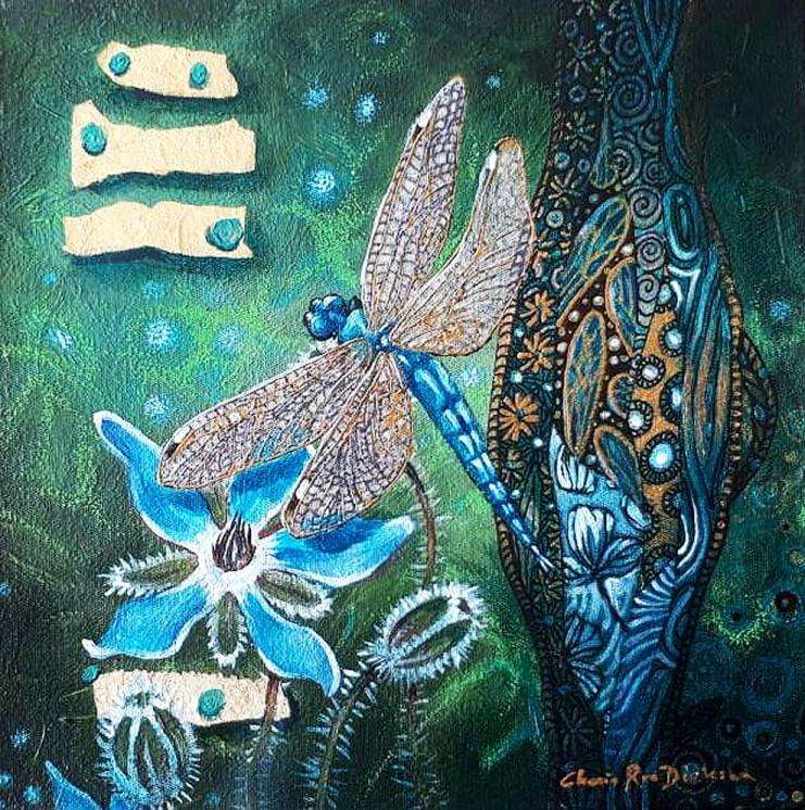 Magical 'BLUE DRAGONFLY` ONE-OF-A-KIND Original Painting on Boxed Canvas by Cherie Roe Dirksen