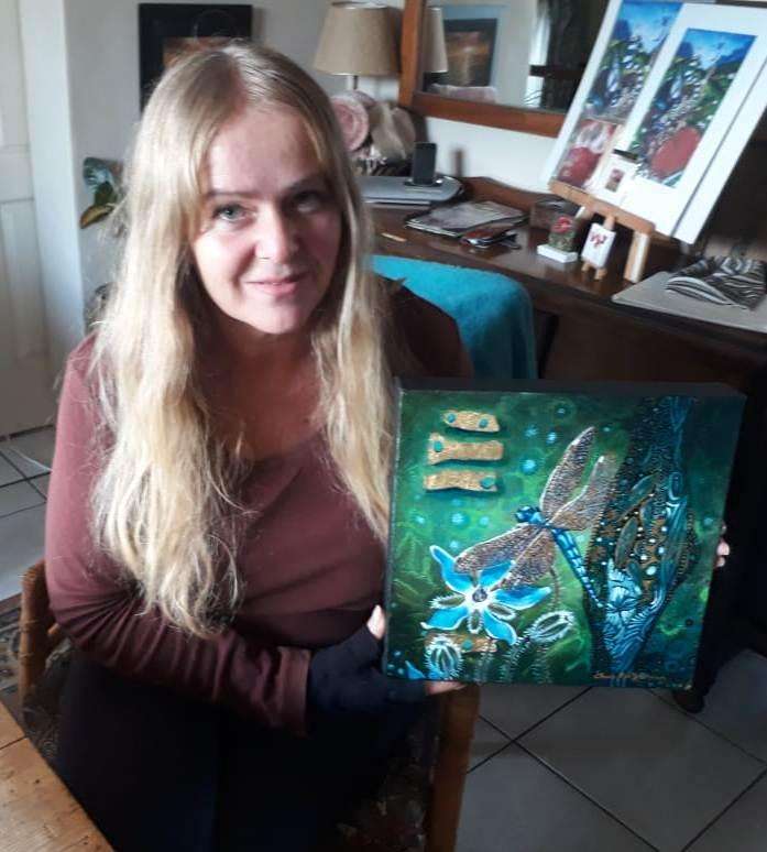 Magical 'BLUE DRAGONFLY` ONE-OF-A-KIND Original Painting on Boxed Canvas by Cherie Roe Dirksen