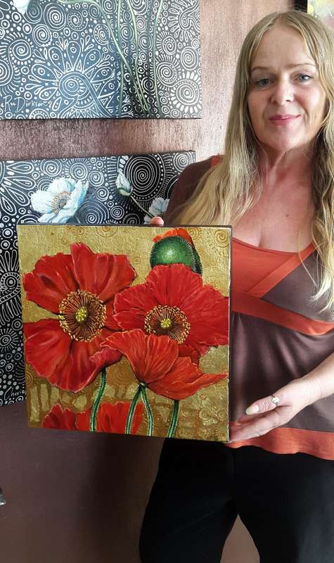 Red Poppies on Gold Original Painting by SA Artist Cherie Roe Dirksen