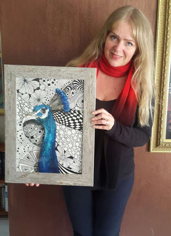 Original Framed ACRYLIC and INK Peacock Painting by South African Artist, Cherie Roe Dirksen