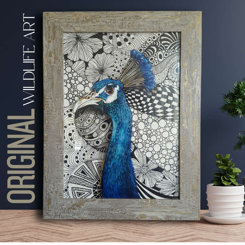 Original Framed ACRYLIC and INK Peacock Painting by South African Artist, Cherie Roe Dirksen