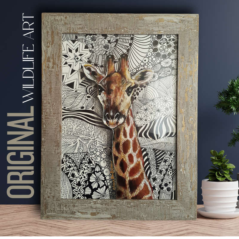 Original Framed ACRYLIC and INK Giraffe Painting by South African Artist, Cherie Roe Dirksen