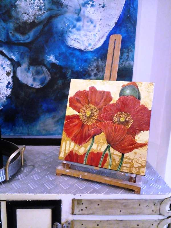 Red Poppies on Gold Original Painting by SA Artist Cherie Roe Dirksen