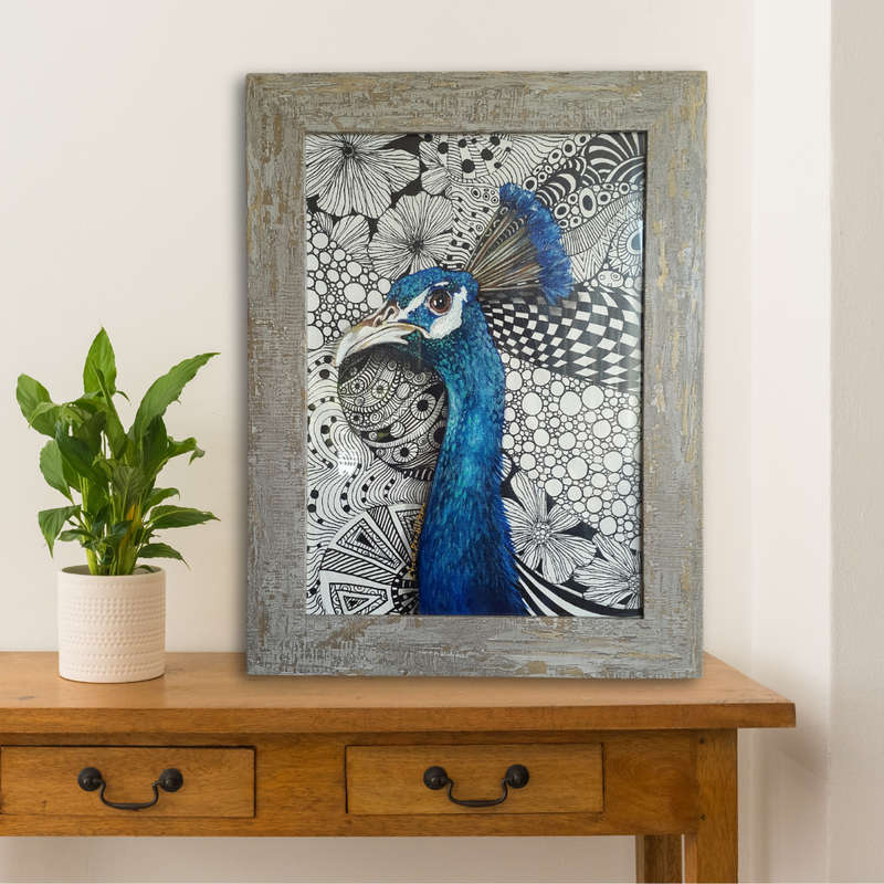 Original Framed ACRYLIC and INK Peacock Painting by South African Artist, Cherie Roe Dirksen