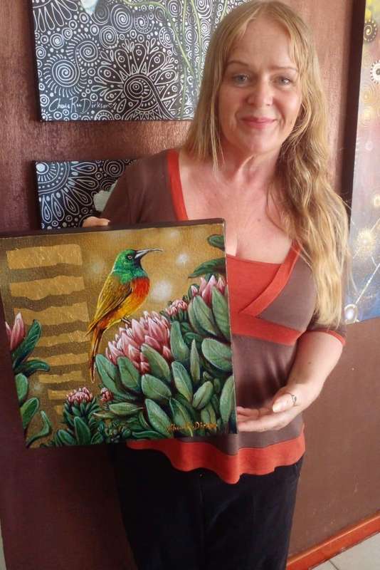 Beautiful 'SUNBIRD ON PINK PROTEAS` Original Painting on Boxed Canvas by Cherie Roe Dirksen - ART