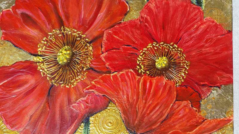 Red Poppies on Gold Original Painting by SA Artist Cherie Roe Dirksen