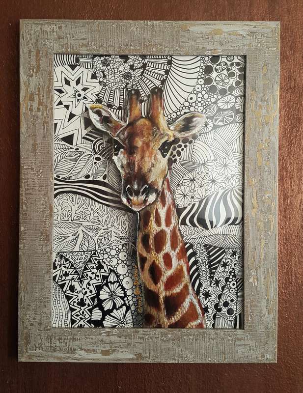 Original Framed ACRYLIC and INK Giraffe Painting by South African Artist, Cherie Roe Dirksen