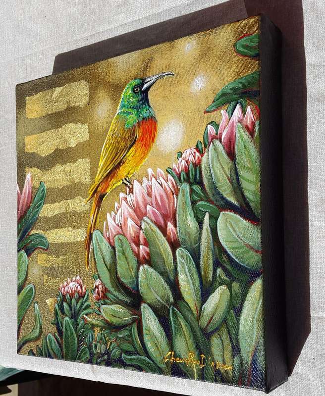 Beautiful 'SUNBIRD ON PINK PROTEAS` Original Painting on Boxed Canvas by Cherie Roe Dirksen - ART