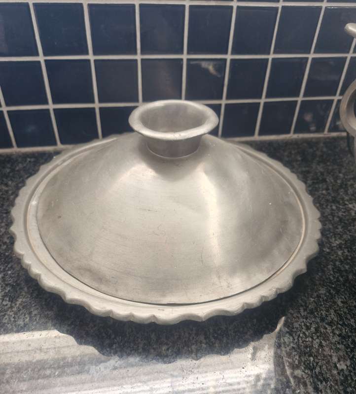 3 PIECE ORIENTAL WARMING DISH WITH PLATE AND COVER- PEWTER? MAKERS STAMP ON BOTTOM OF DISH AND PLATE