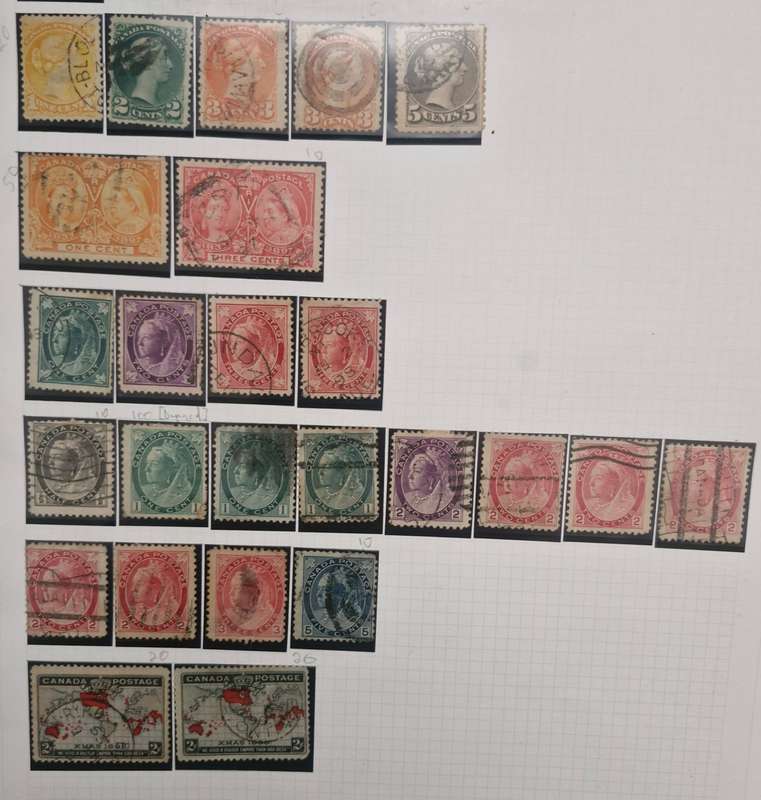 13 pages Canada Stamps - from Queen Victoria Heads to Queen Elizabeth II plus more